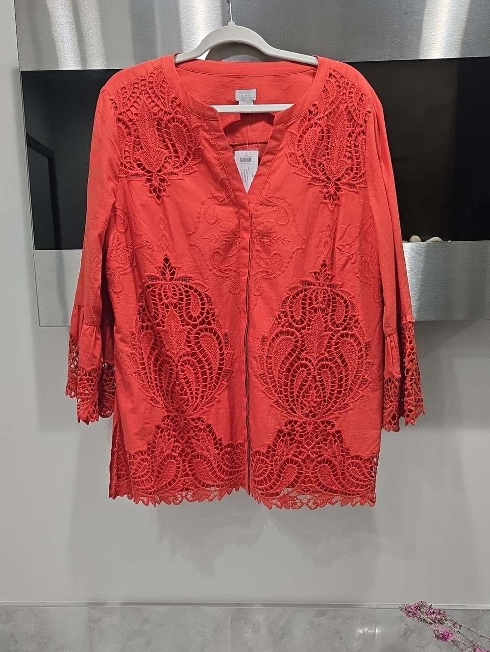 Chico's Coral Crochet-Detail Open Front Tunic